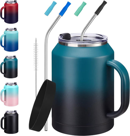 50 oz Insulated Tumbler with Handle and Straw - Stainless Steel Double Wall Coffee Mug, 2-in-1 Lid Metal Water Bottle, 36H Cold 24H Hot Travel Hydro Cup Jug with Silicone Boot