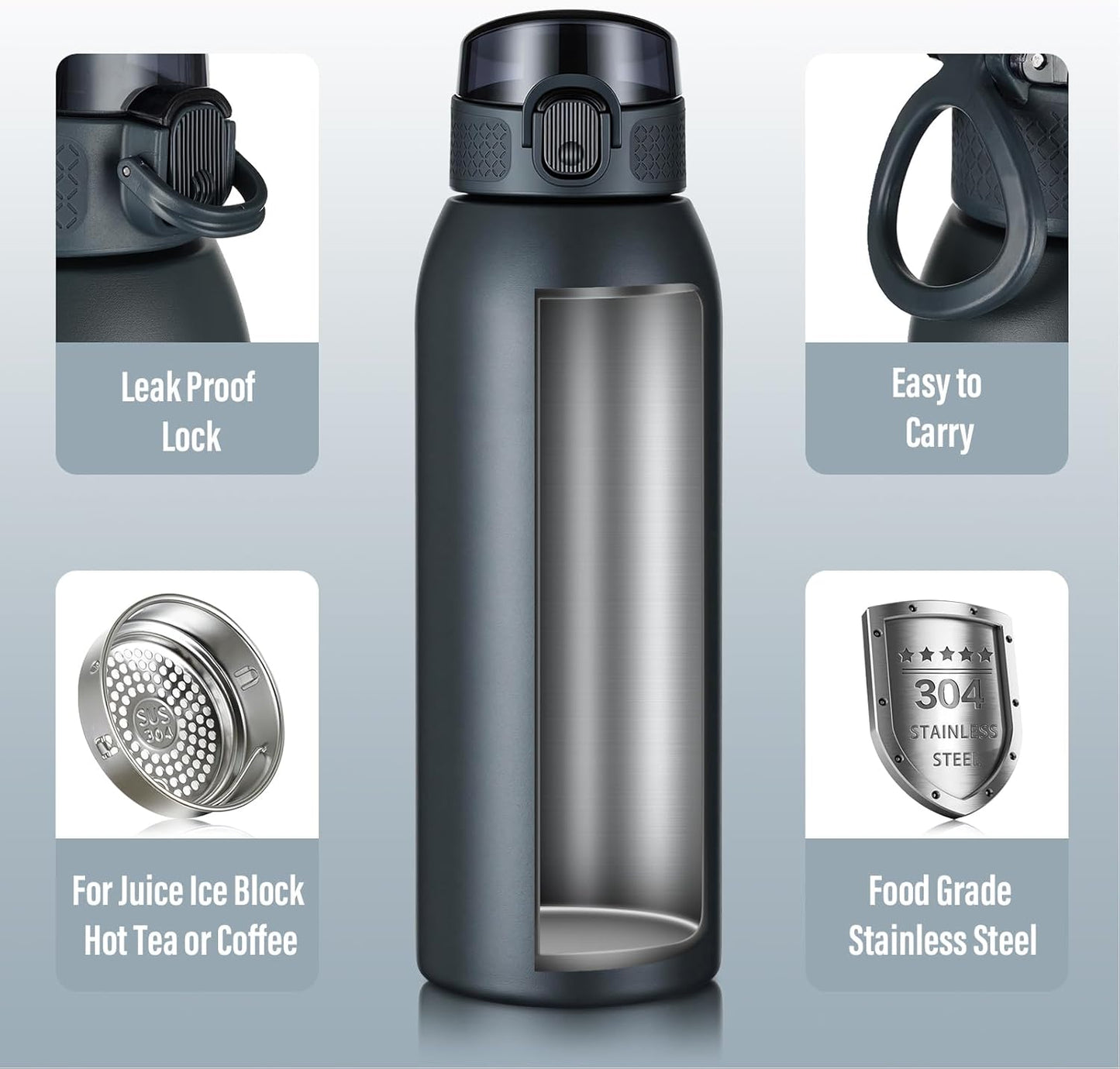 Insulated Water Bottle 24 oz with Dustproof Lid, Carry Handle & Tea Infuser, BPA-Free & Leakproof, Stainless Steel Water Bottles Ideal for Fitness, Hiking, Office & Outdoor Use (Black)