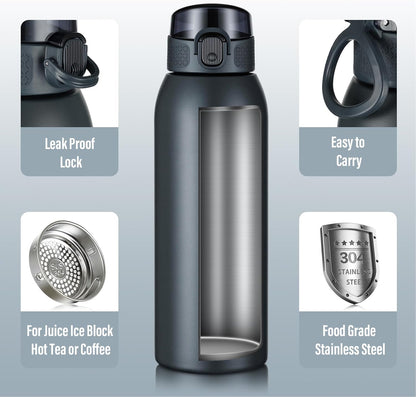 Insulated Water Bottle 24 oz with Dustproof Lid, Carry Handle & Tea Infuser, BPA-Free & Leakproof, Stainless Steel Water Bottles Ideal for Fitness, Hiking, Office & Outdoor Use (Black)