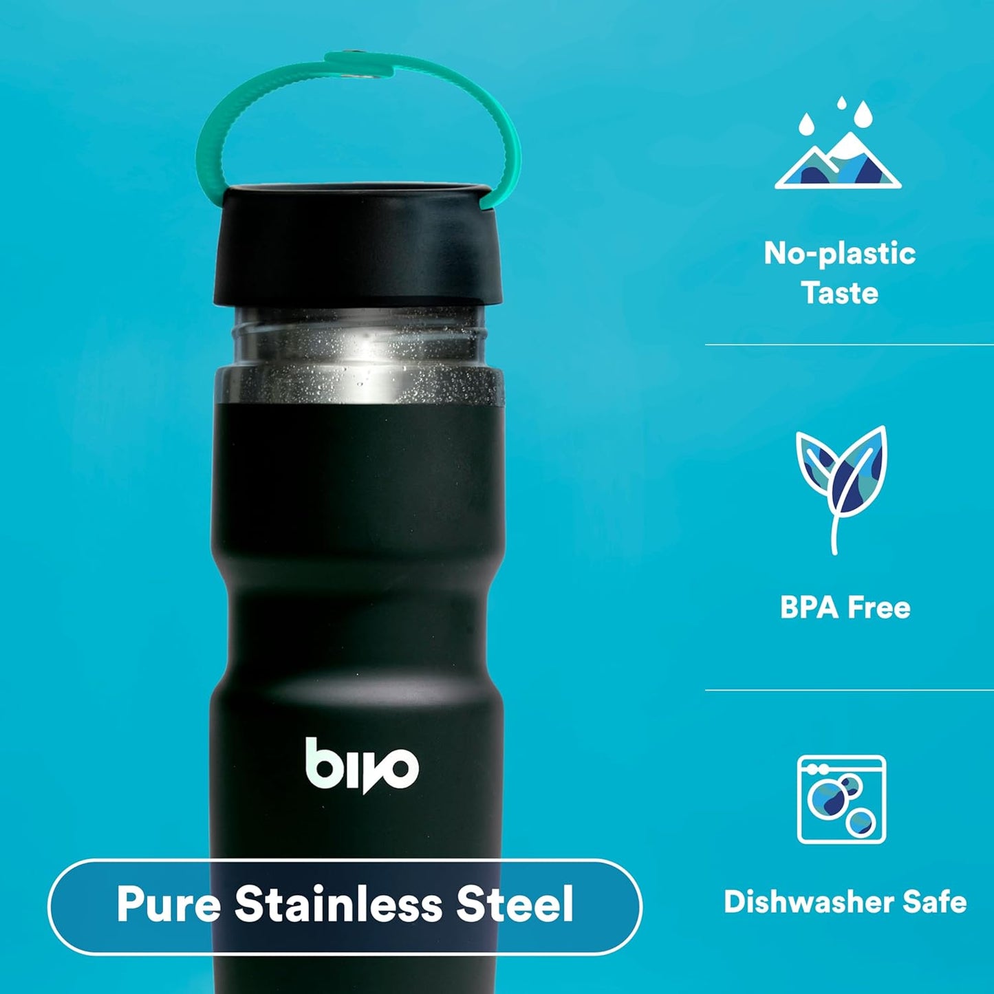 Bivo Trio Insulated Stainless Steel Bike Water Bottle with Ventura Leakproof Insulated Lid and Clippable Handle, Double-Wall Vacuum Insulated, Universal Cage Fit - 17oz, Raw