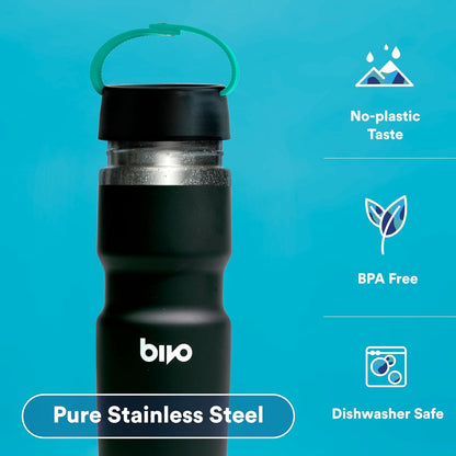 Bivo Trio Insulated Stainless Steel Bike Water Bottle with Ventura Leakproof Insulated Lid and Clippable Handle, Double-Wall Vacuum Insulated, Universal Cage Fit - 17oz, Raw