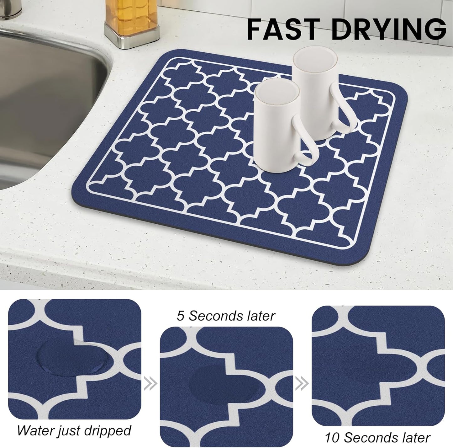 WISELIFE Dish Drying Mat Super Absorbent Drying Mat Large Dish Drying Mats for Kitchen Counter Easy Clean Dish Mat Kitchen Drying Mat15"x 18" Stylish Grey