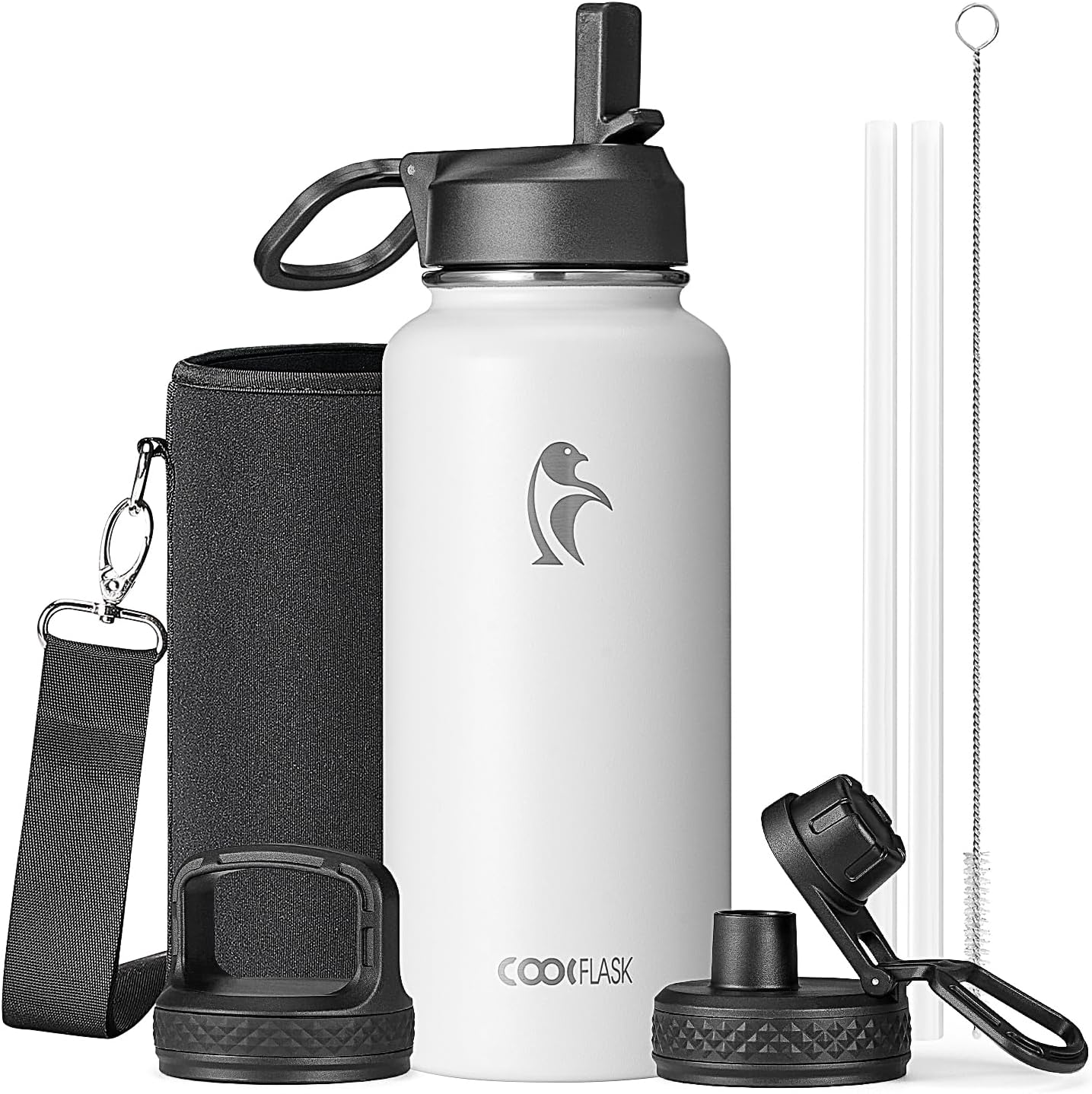 Half Gallon Water Bottle Insulated with Straw & 3 Lids, Coolflask 64 oz Water Jug Large Metal Stainless Steel Wide Mouth for Sports, Gym or Office, Non-BPA Keep Cold 48H Hot 24H, Samurai Cyan
