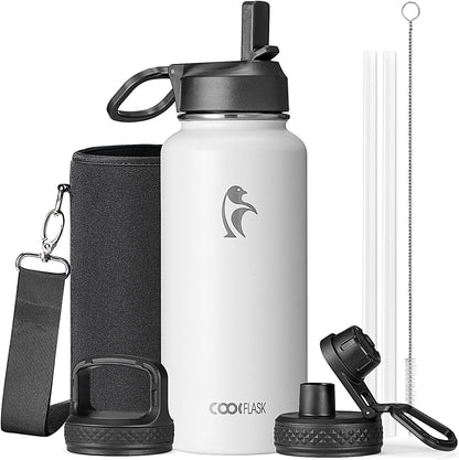 Half Gallon Water Bottle Insulated with Straw & 3 Lids, Coolflask 64 oz Water Jug Large Metal Stainless Steel Wide Mouth for Sports, Gym or Office, Non-BPA Keep Cold 48H Hot 24H, Samurai Cyan