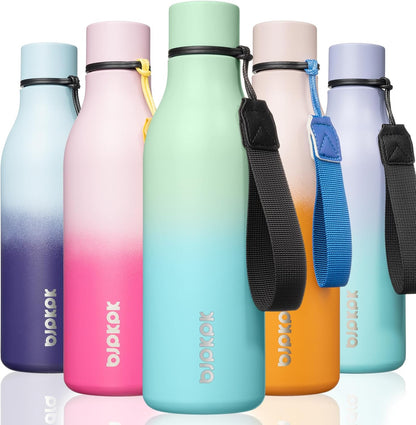 BJPKPK Insulated Water Bottles, 18 oz Stainless Steel Metal Water Bottle with Strap, BPA Free Leak Proof Jugs, Mugs, Flasks, Reusable Thermal Flasks for Sports & Travel, Black - Colors A