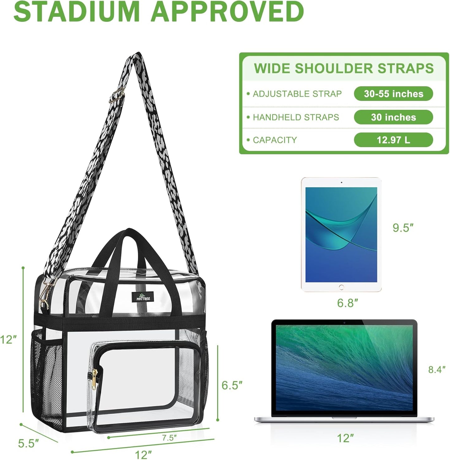 MAY TREE Clear Bag for Stadium Events, 12×5.5×12 Clear Tote Lunch Bag with Non-detachable Reinforced Straps for Work, Sporting Events and Gym, Black
