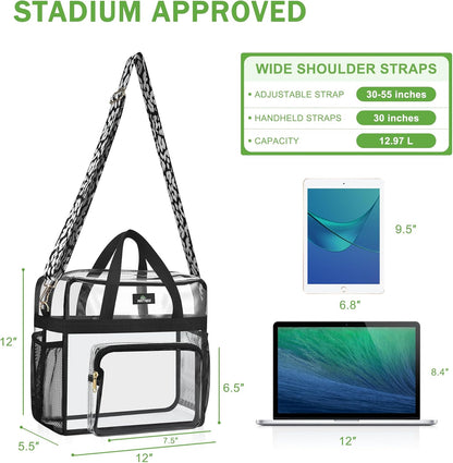 MAY TREE Clear Bag for Stadium Events, 12×5.5×12 Clear Tote Lunch Bag with Non-detachable Reinforced Straps for Work, Sporting Events and Gym, Black