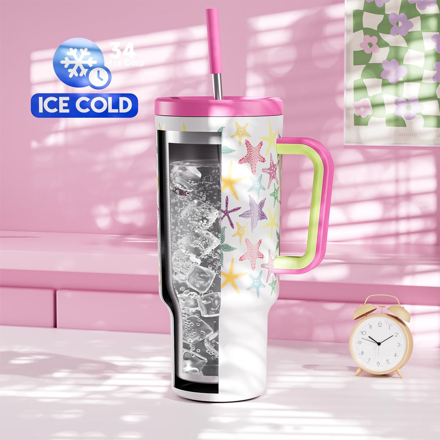 Meoky 40 oz Tumbler with Handle and Straw: Stainless Steel Insulated Tumbler with Lid and Straw - 100% Leak Proof Tumbler for Car Cup Holders - Travelers Commuters Workers, Pink