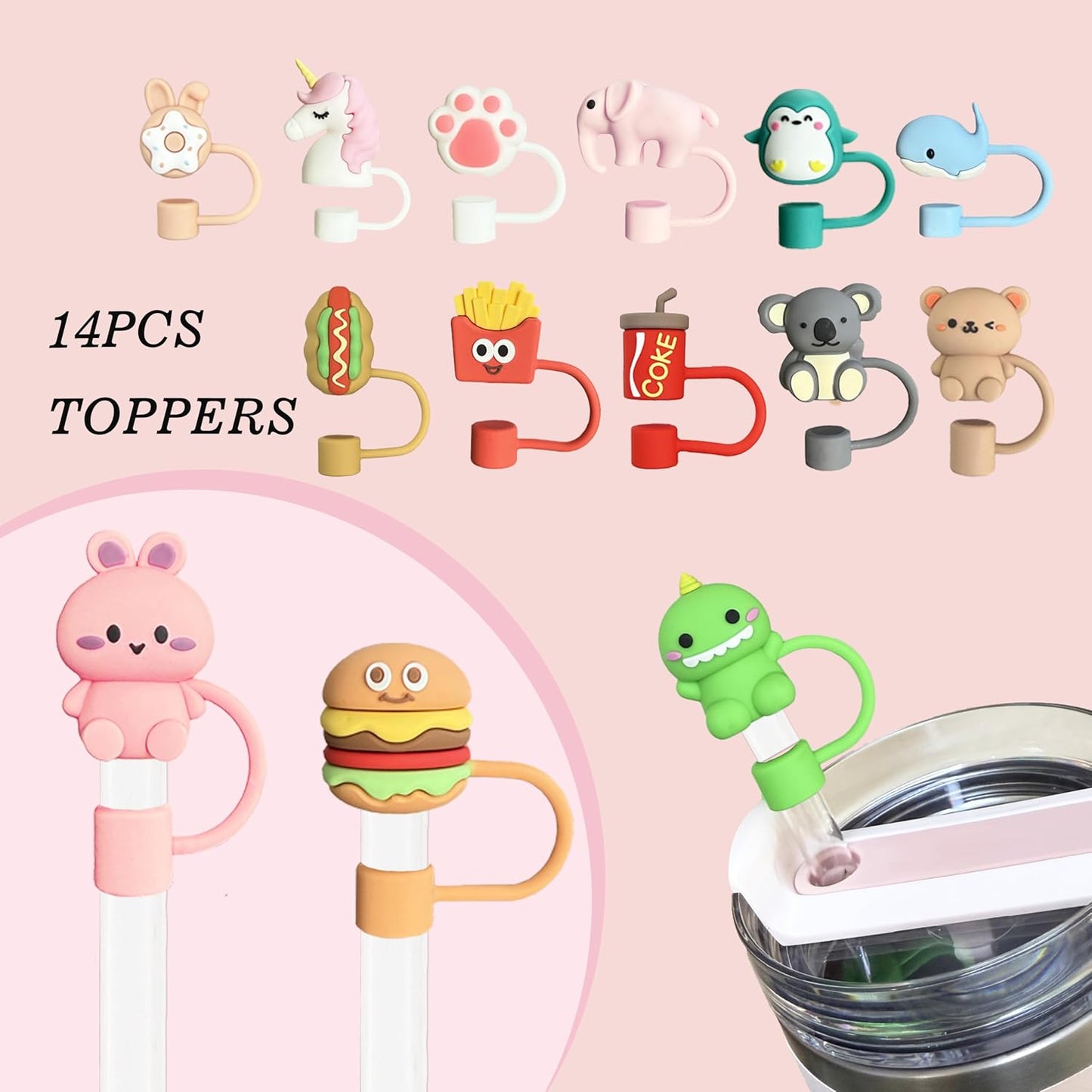 14Pcs Tumbler Straw Covers with Storage Case,10mm 0.4 in Cute Animals Reusable Straw Toppers for 30&40 oz Stanley Cup Accessories,Food Silicone Straws Cover(14 Pcs)