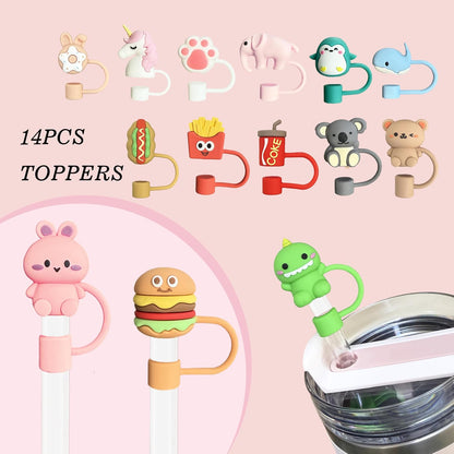 14Pcs Tumbler Straw Covers with Storage Case,10mm 0.4 in Cute Animals Reusable Straw Toppers for 30&40 oz Stanley Cup Accessories,Food Silicone Straws Cover(14 Pcs)