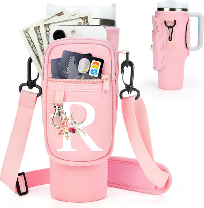 Initial Water Bottle Holder with Strap for Stanley Cup Accessories 40 oz/Simple Modern Tumbler, Birthdays for Women Girls, Water Bottle Carrier Bag with Phone Pocket,Hiking Walking Gym Camping