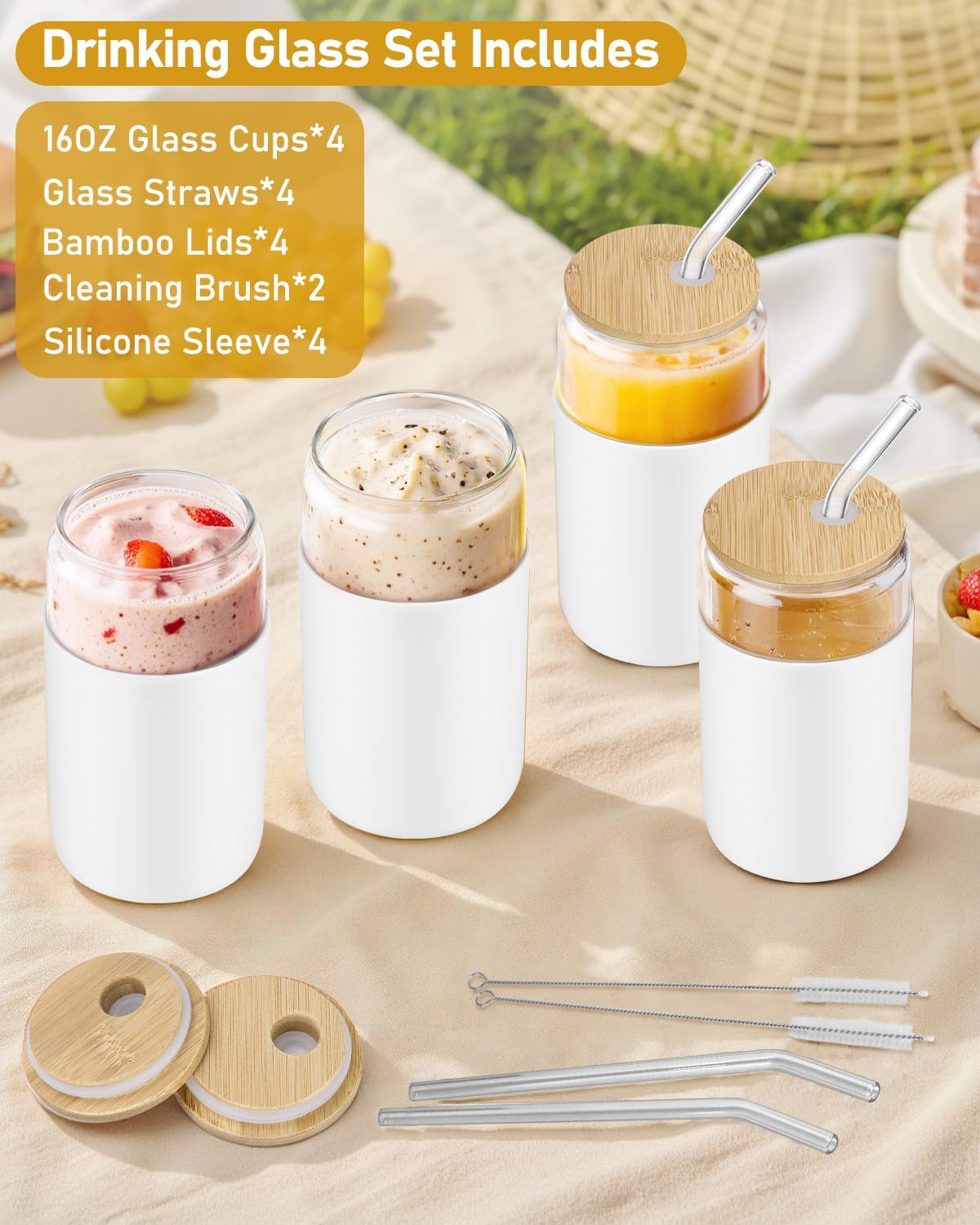 sungwoo 4PCS Glass Cups with Bamboo Lids and Straws, 16OZ Ice Coffee Cup, Drinking Cup set with Wooden Lids, Home Essential Glass Tumblers for Beer, Cocktail, Tea and Latte Clear