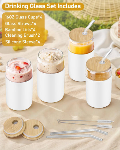 sungwoo 4PCS Glass Cups with Bamboo Lids and Straws, 16OZ Ice Coffee Cup, Drinking Cup set with Wooden Lids, Home Essential Glass Tumblers for Beer, Cocktail, Tea and Latte Clear