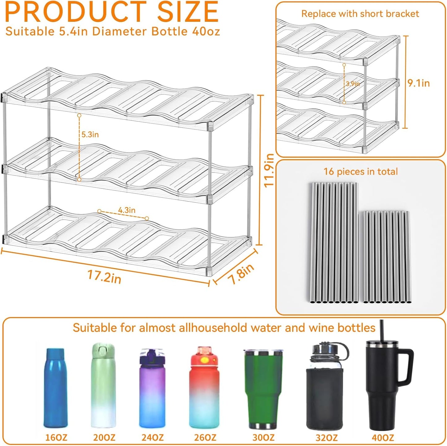 Yieach Larger Compartments Stackable Water Bottle Organizer for 40 oz Stanley Cup Holder,Yeti and Other Tumbler Organizer,3 Tier Wine Rack and Waterbottle Storage Rack for Kitchen Cabinets,Countertop