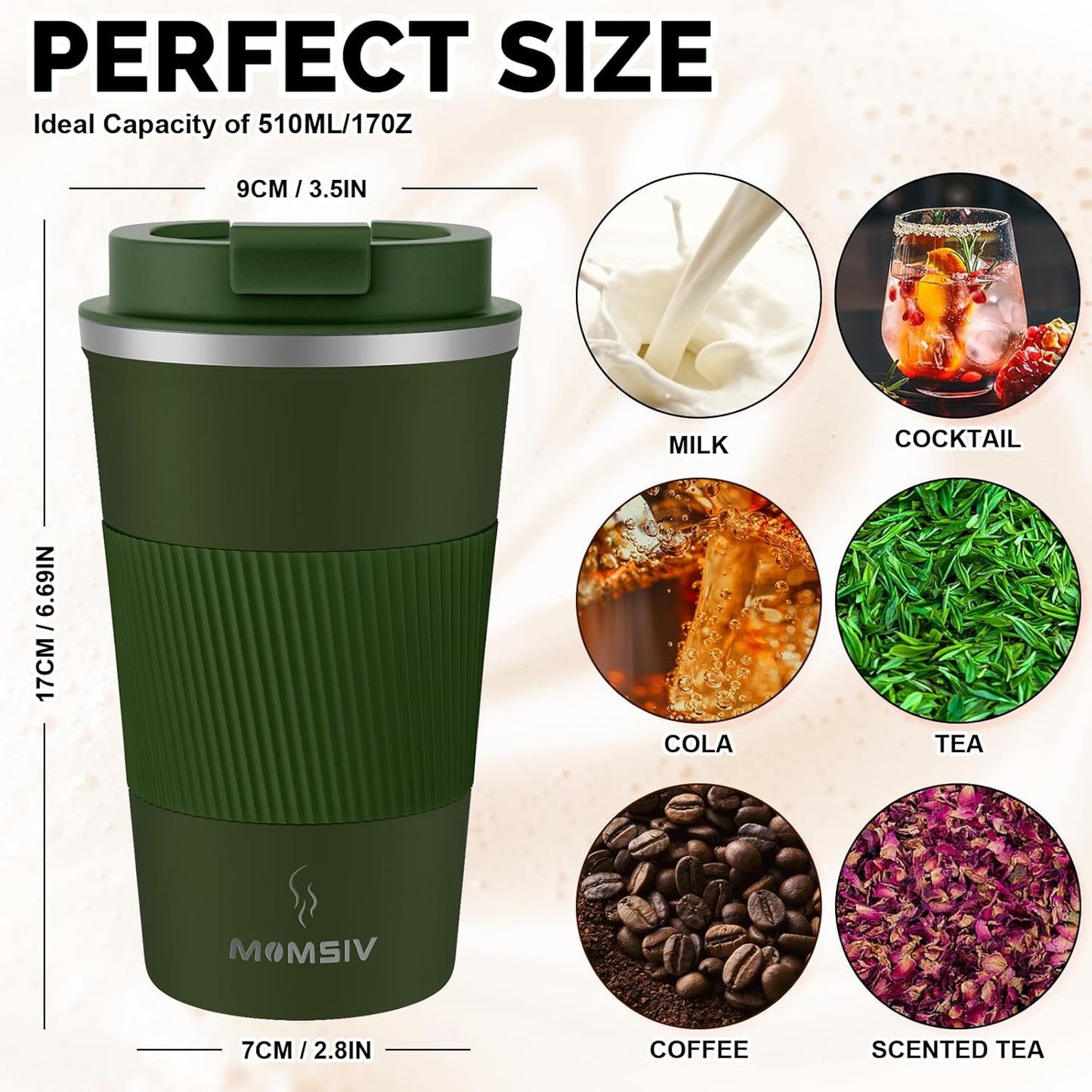 MOMSIV 12oz Travel Mug, Insulated Coffee Cup with Leakproof Lid, Travel Coffee Mug Vacuum Stainless Steel Double Walled Reusable Coffee Cup for Hot and Cold Water Coffee