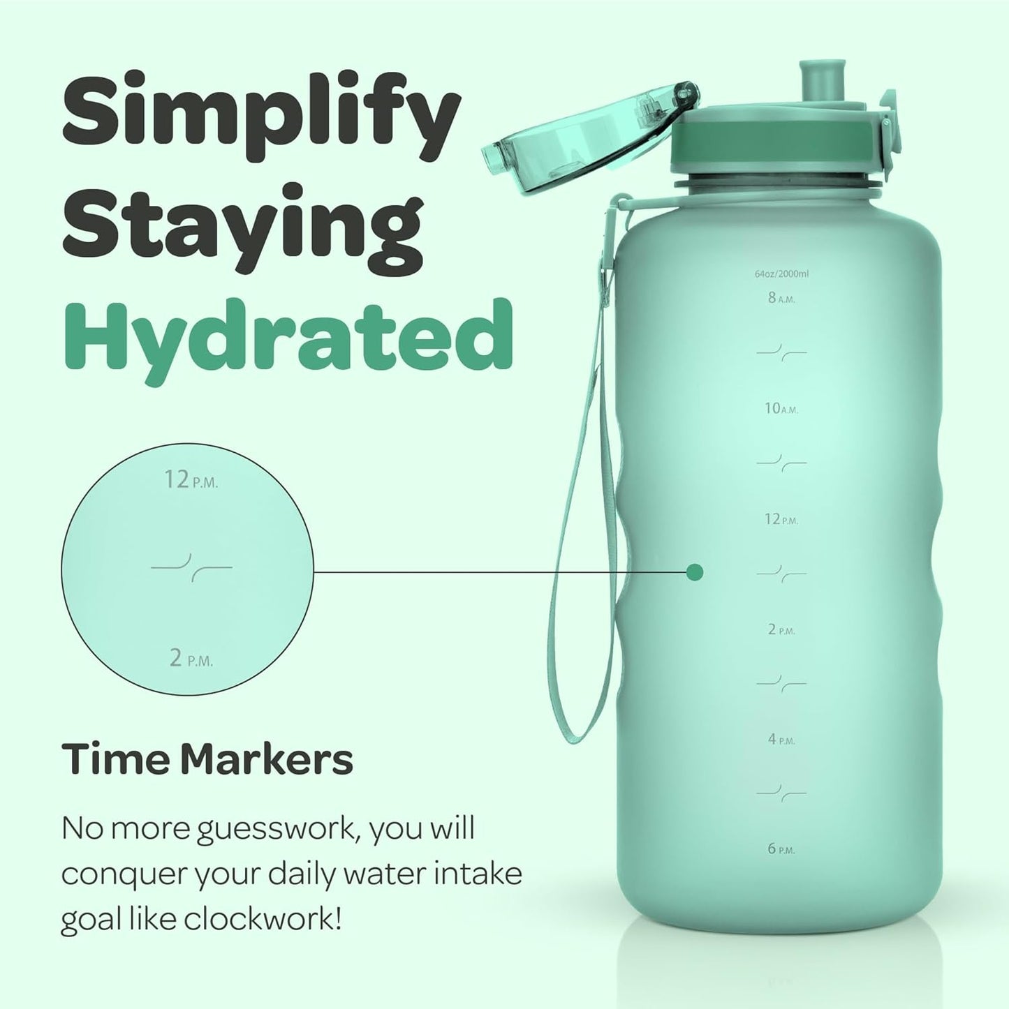 Hydracy Water Bottle with Time Marker -Large BPA Free Water Bottle & No Sweat Sleeve -Leak Proof Gym Bottle with Times to Drink - Ideal for Fitness Sports & Outdoors