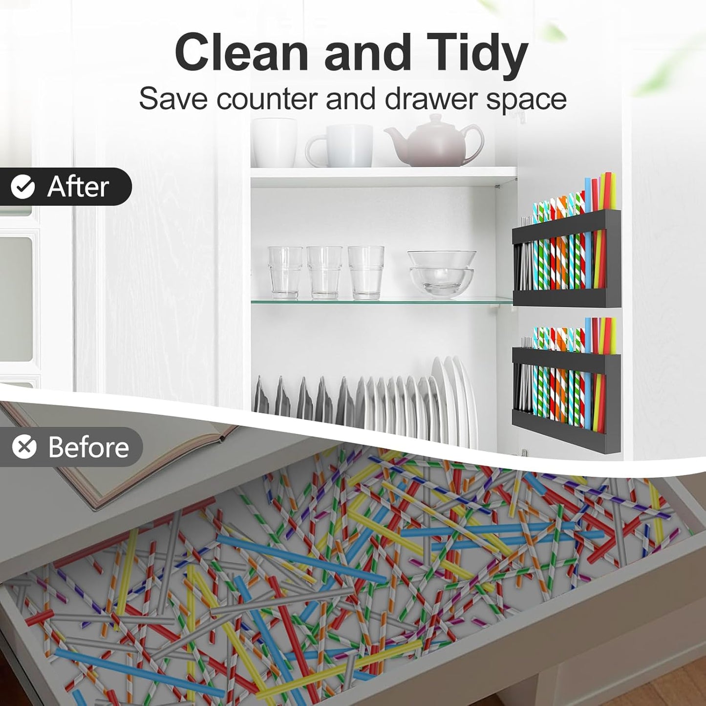 9.5” Large Acrylic Straw Holder for Cabinet Door with Detachable Ultra Sticky Adhesive Squares and Stickers, 2026 Reusable Straws Organizer Storage Dispenser for Kitchen Counter Cupboard