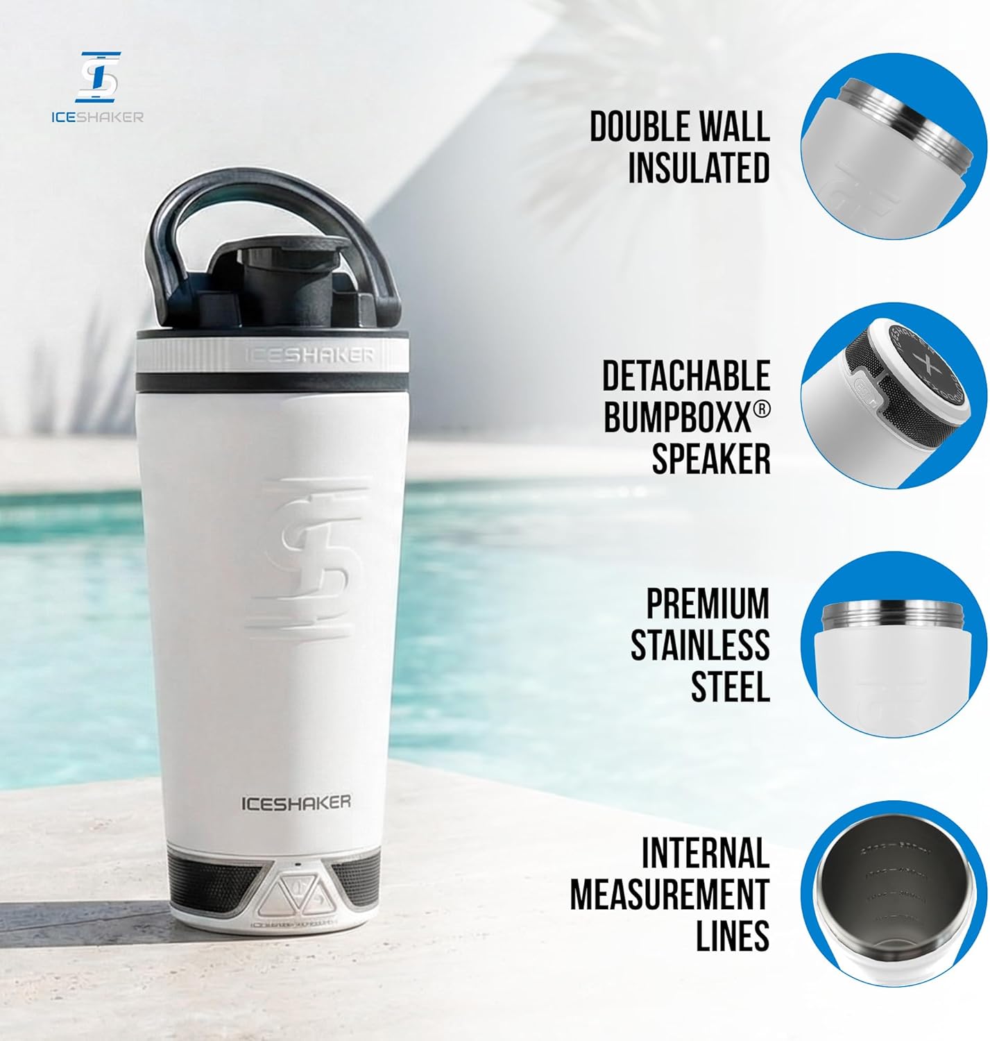 Ice Shaker Insulated Stainless Steel Shaker Bottle | 26oz, Black | Cold for 30+ Hours | Insulated Cup with Twist-on Agitator | Odor-Free Bottle for Protein Shakes, Water, Smoothies, Cocktails