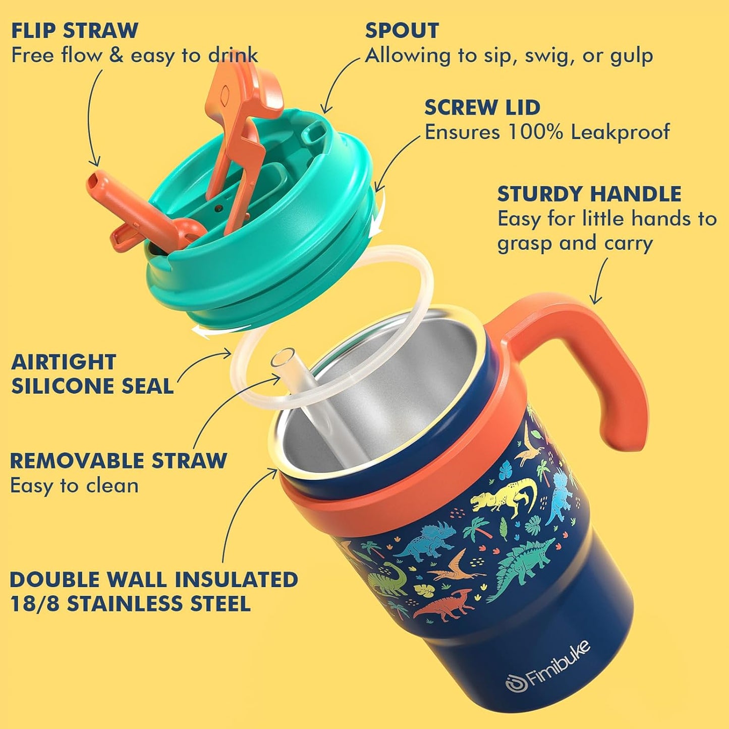 Fimibuke 16oz Kids Insulated Tumbler with Handle & Straws - 2 Pack BPA FREE 18/8 Stainless Steel Toddler Cups with Sip/Swig 2-in-1 Lids, Leak Proof Kid Drinking Cup Travel Mugs for Children Boys Girls