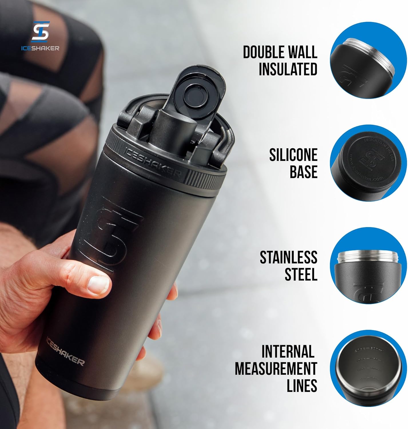 Ice Shaker Insulated Stainless Steel Shaker Bottle | 26oz, Black | Cold for 30+ Hours | Insulated Cup with Twist-on Agitator | Odor-Free Bottle for Protein Shakes, Water, Smoothies, Cocktails