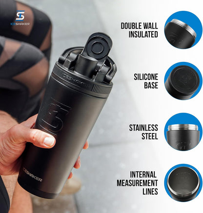 Ice Shaker Insulated Stainless Steel Shaker Bottle | 26oz, Black | Cold for 30+ Hours | Insulated Cup with Twist-on Agitator | Odor-Free Bottle for Protein Shakes, Water, Smoothies, Cocktails