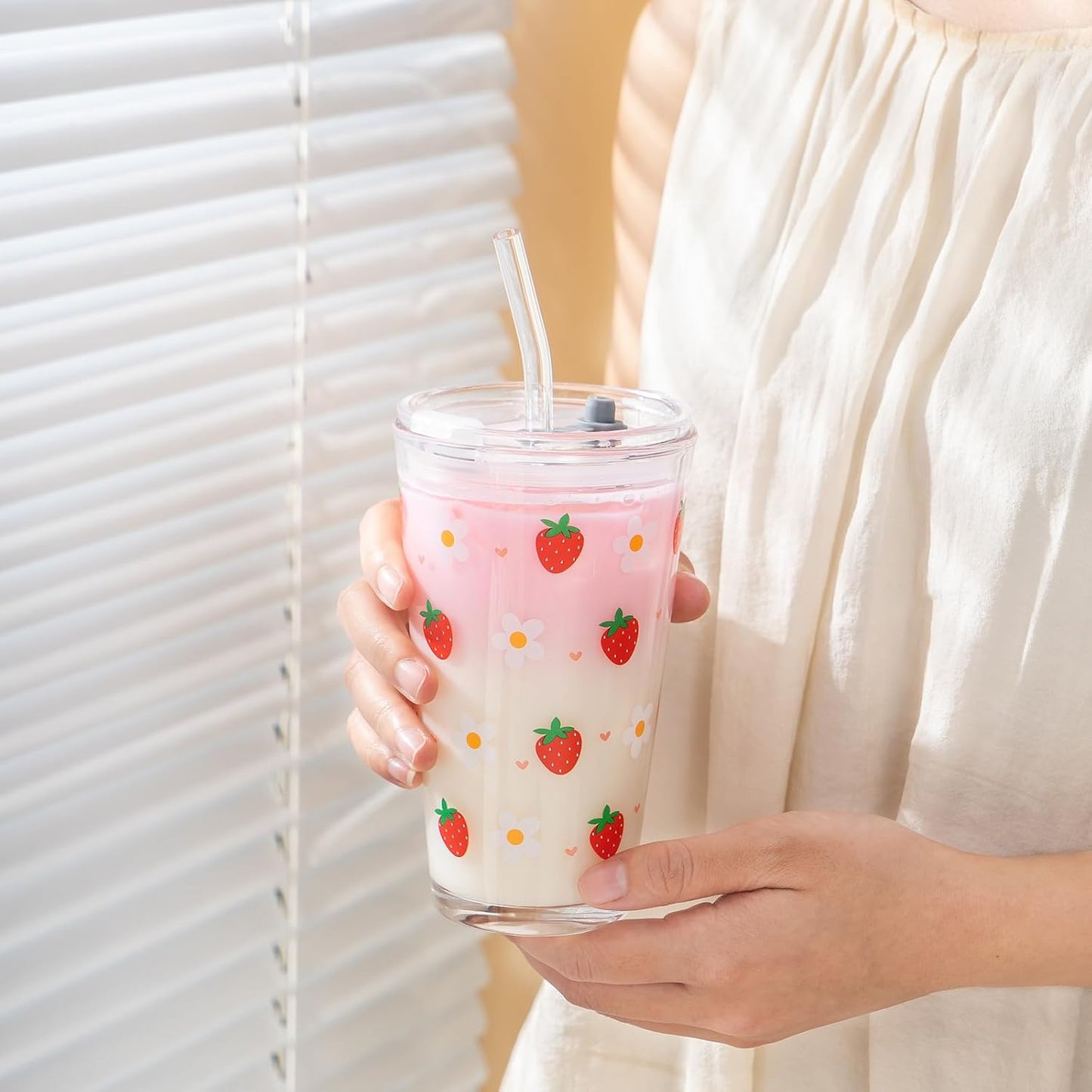 Olvini 15oz Glass Tumbler with Straw and Lid, Cute Iced Coffee Cups, Aesthetic Glass Cups, Coffee Tumbler, Water Cup, Matcha Cup, Drinking Glasses (Clear)