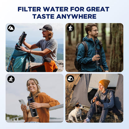 Membrane Solutions C3 Filtered Water Bottle, 32oz Stainless Steel Water Bottle with Replaceable UF+ACF Filter Cartridge, Portable Water Filter, Travel, Hiking & Camping for Drinking Water