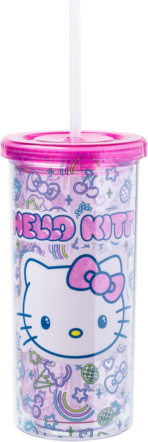 Silver Buffalo Sanrio Hello Kitty Milk Carton Pattern Plastic Boba Tumbler w Lid and Wide Straw, 24 Ounces