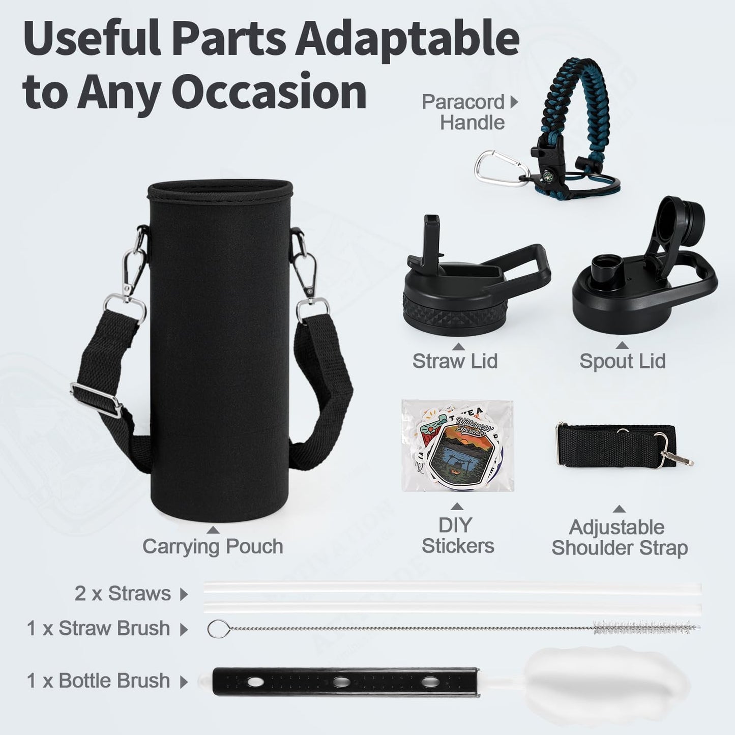 WixByti 40 oz Insulated Water Bottle with Straw (Cold for 36 Hrs), Stainless Steel Triple Wall Vacuum Sports Water Jug, Leakproof Hydro Cup Flask with Paracord Handle & Straw Spout Lids & DIY Stickers