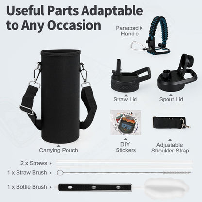WixByti 40 oz Insulated Water Bottle with Straw (Cold for 36 Hrs), Stainless Steel Triple Wall Vacuum Sports Water Jug, Leakproof Hydro Cup Flask with Paracord Handle & Straw Spout Lids & DIY Stickers