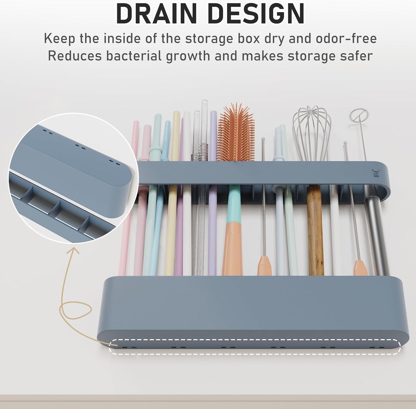 ABLY Straw Holder, reusable straw storage rack, suitable for kitchen walls, counters, cabinet doors, refrigerator doors, etc (Dark blue)