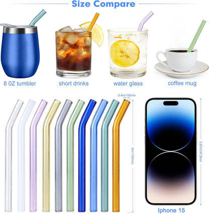 10 Pcs Reusable Bent Short Glass Straws,6''x8 mm Colorful Glass Straws Shatter Resistant with 2 Cleaner Brush for Short Tumblers,Whiskey&Cocktail Glasses Cups,Coffee Mugs