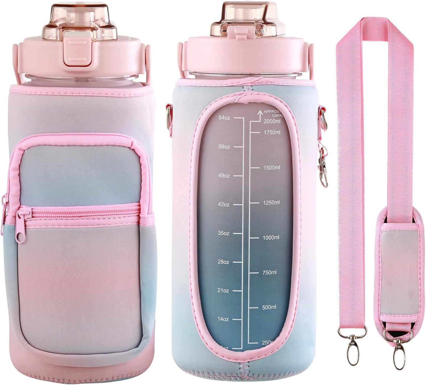Large Motivational Water Bottle with Straw Time Marker BPA Free for Sport and Fitness (Pink Blue, 64 Oz / Half Gallon)