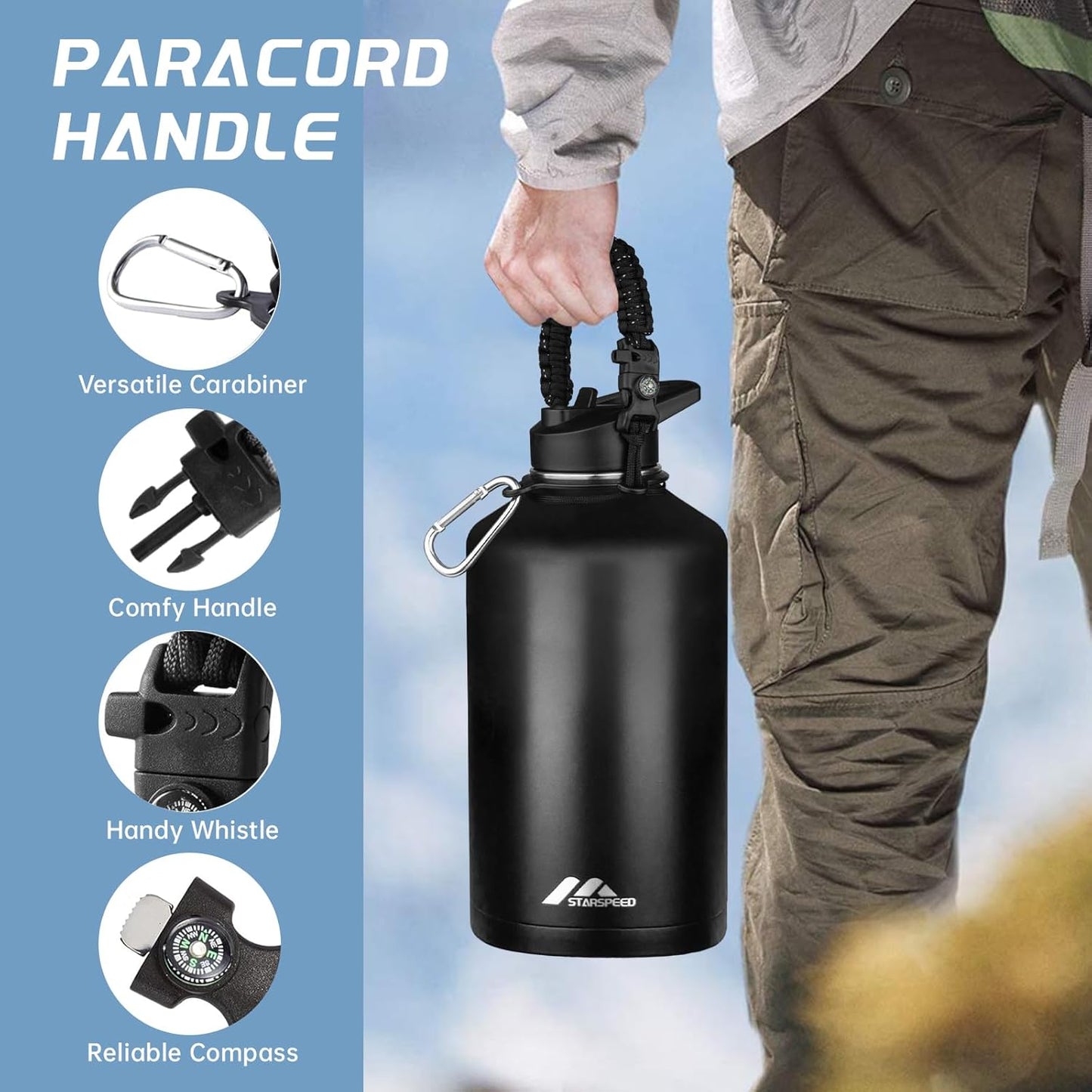 StarSpeed 32oz Insulated Water Bottle with Straw Lid, Stainless Steel Double Walled Vacuum Water Flask, Wide Mouth Sports Water Bottle for Gym Camping Hiking, Indigo Black