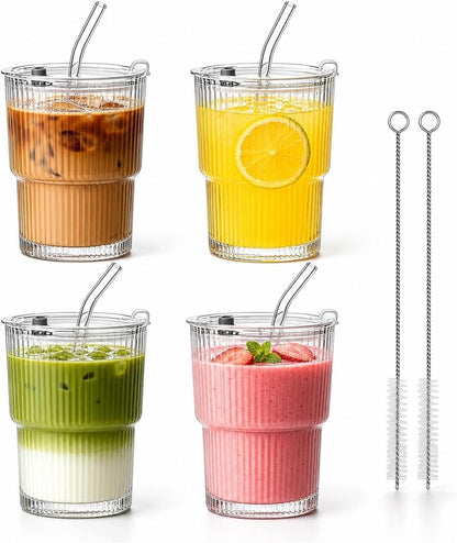 Ribbed Glass Tumbler with Lid and Straws, Resuable Ice Coffee Cups, To Go Iced Coffee Cups for Water, Smoothie, Matcha, Iced Tea Fruit Juice, Clear, 13oz, Set of 2