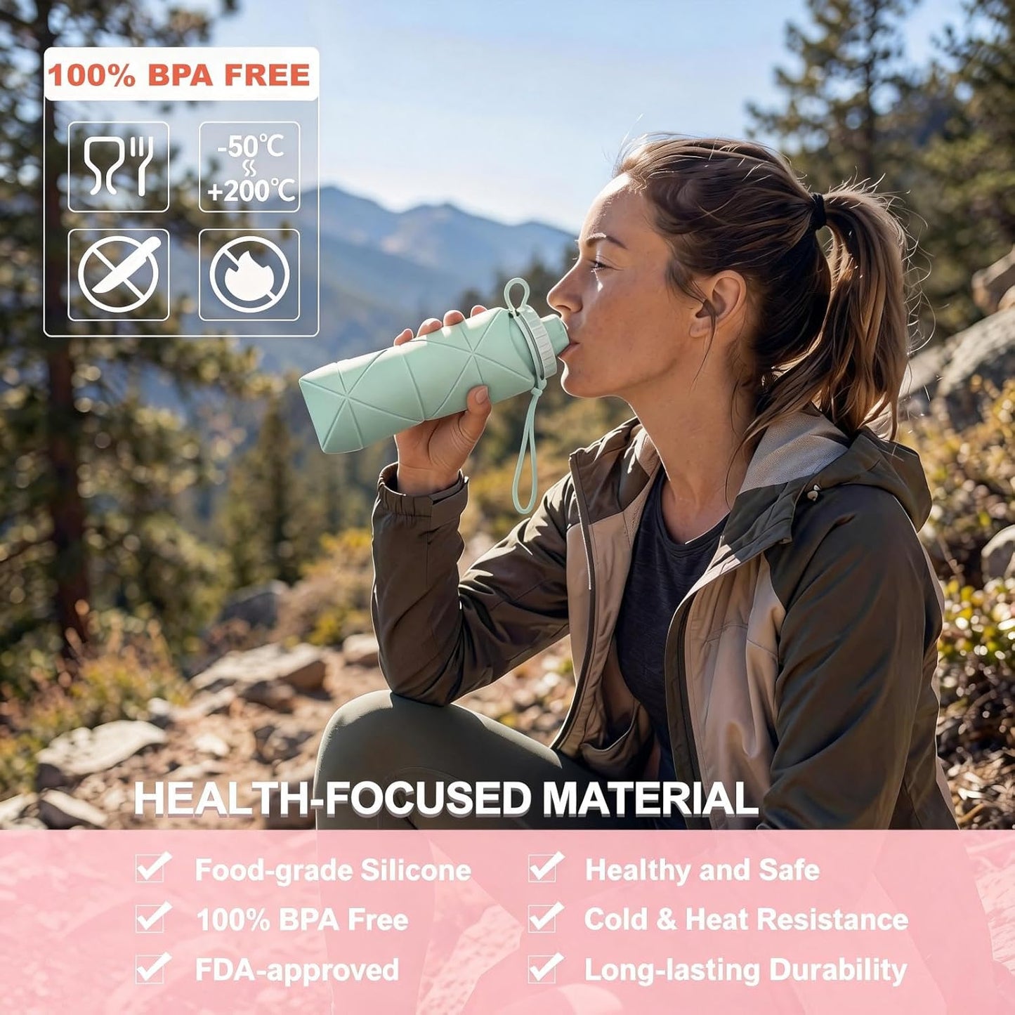 Collapsible Water Bottle 20oz (600ml), BPA-Free Silicone Foldable Portable Lightweight Reusable Water Bottle with Leak-Proof Lid & Lanyard for Outdoor Travel Cycling Gym & Camping (Green)