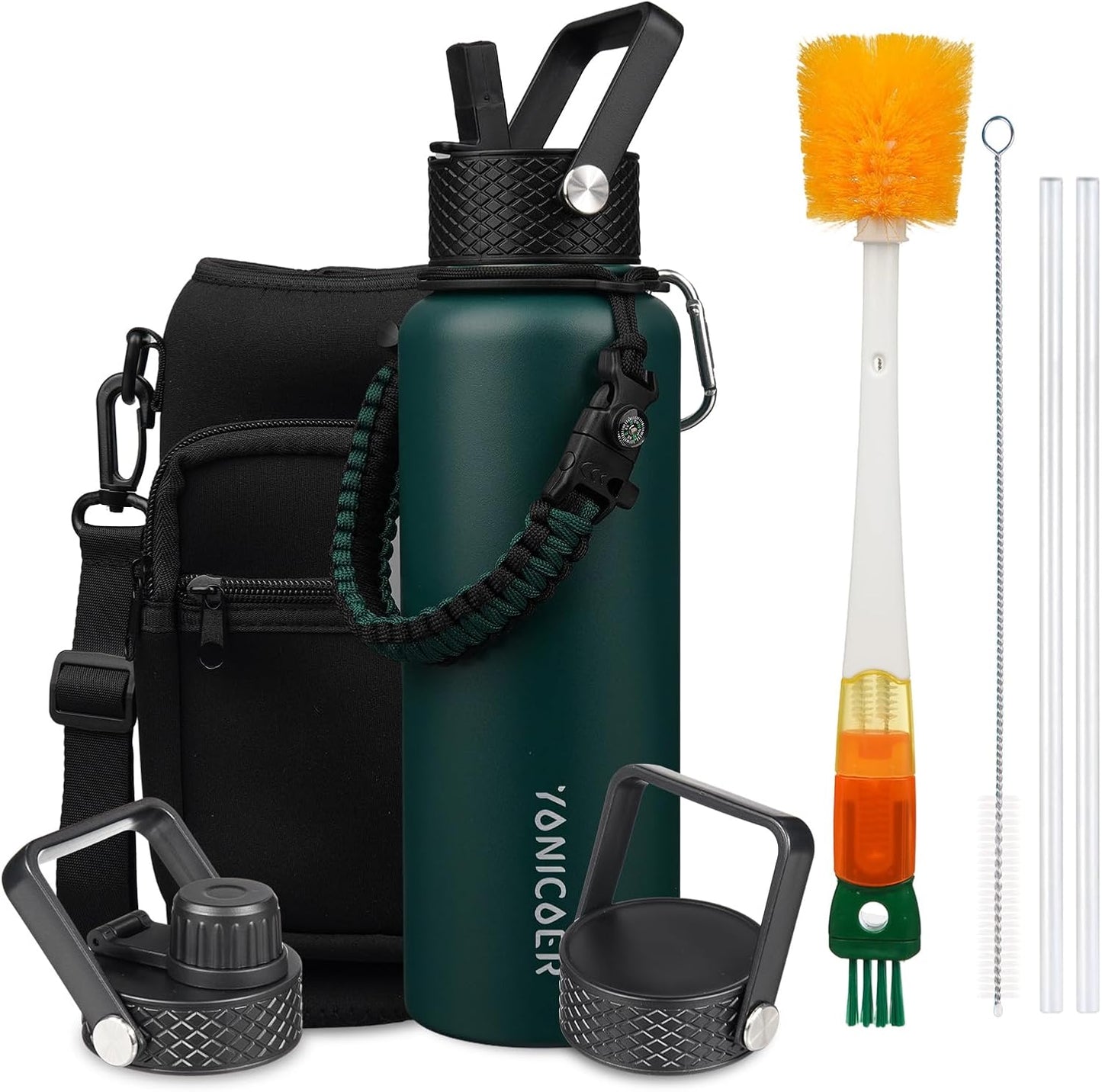 Insulated Water Bottle 40oz,Triple Wall Vacuum Stainless Steel(Dishwasher Safe),Leak Proof & Non-BPA,Flask Jug with Paracord Handle & Straw Spout Lids Sports Cherry Blossom