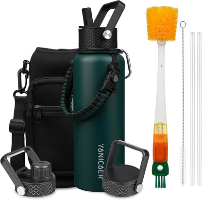 Insulated Water Bottle 40oz,Triple Wall Vacuum Stainless Steel(Dishwasher Safe),Leak Proof & Non-BPA,Flask Jug with Paracord Handle & Straw Spout Lids Sports Cherry Blossom