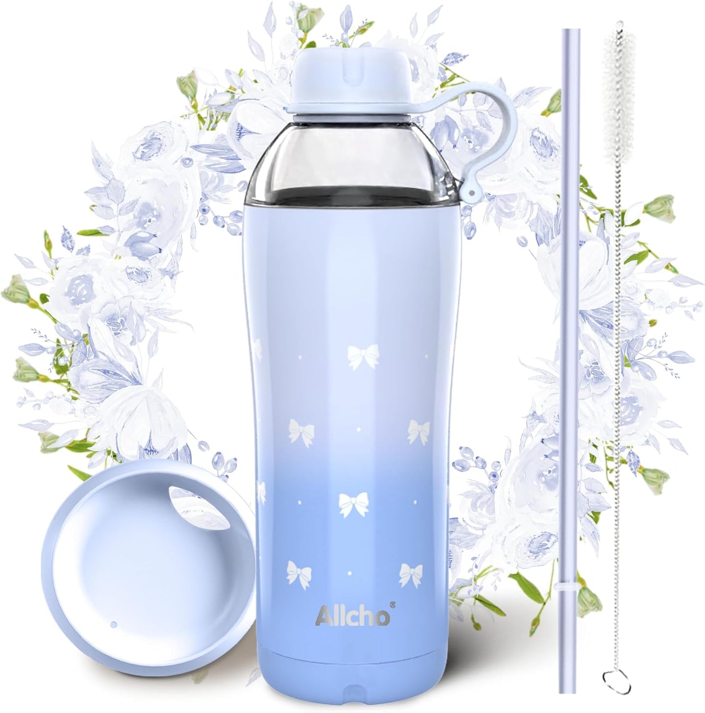 Allcho Insulated Water Bottle for Women, 18oz Stainless Steel Leak Proof Tumbler with 2 Lids, BPA-Free Tritan Chug & Straw Lid, Double Wall Vacuum Flask