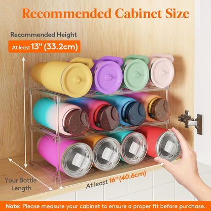 Lifewit Stackable Bottle Storage Organizer, Clear Freestanding Wine Holder for Cabinet, Large Slot Water Bottle Tumbler Cup Organizer for Pantry, Plastic Wine Rack for Fridge Cellar, 3Tier Hold 9