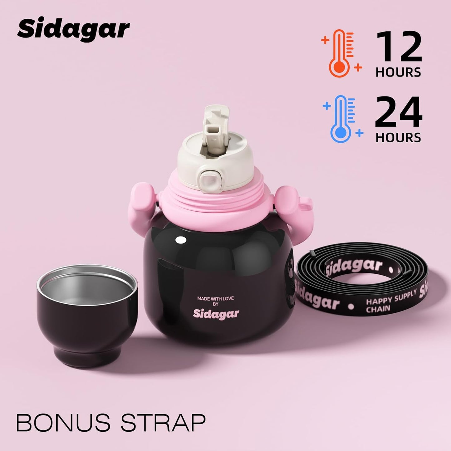 22 oz Water Bottle with Straw and Bowl, Unique Insulated Stainless Steel Tumbler, Spill-proof Reusable BPA-Free Cup, Pilates Wellness Study Travel, with Bonus Strap - Chocolate Black