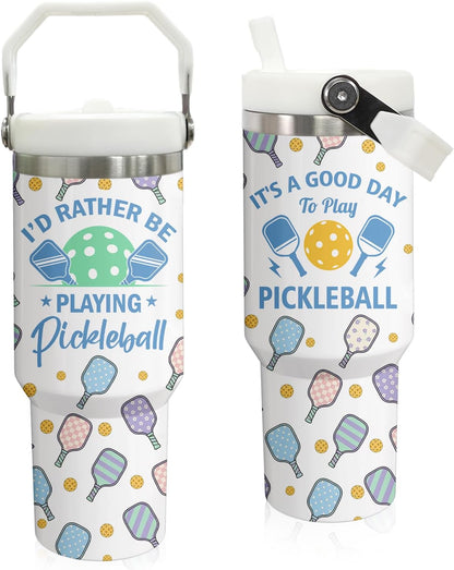 30 oz Tumbler with Handle Flip Straw Leak Proof - Pickleball Mug 30oz Tumbler Travel Coffee Mug with Handle - Birthday Gifts for Women Pickleball Lovers Players 30 Ounce Stainless Steel Cup