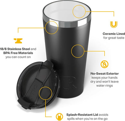 RTIC 16oz Essential Pint Tumbler with Lid, Ceramic Lined, Insulated, Stainless Steel, Metal, Double Wall Vacuum-Insulation, Portable Travel Cup for Beer, Iced Coffee, Tea, Hot and Cold Drink, Olive