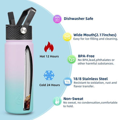 BJPKPK Insulated Water Bottles with Straw Lid, 40oz Stainless Steel Water Bottles with 3 Lids, BPA Free Leakproof Thermo, Tumblers, Cups for Sports, Gym- Midnight - Colors B