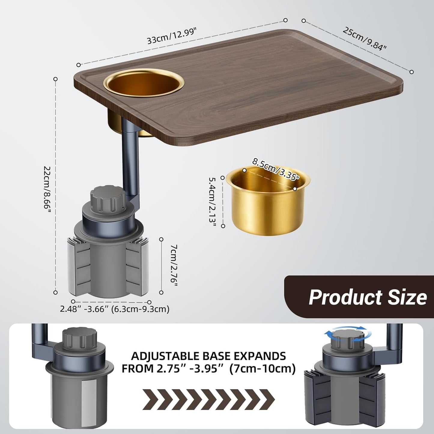 Car Cup Holder Tray Desk, 360° Rotating Black Walnut Solid Wood Food Car Table - Steering Wheel Tray Road Trip Essentials Accessories for Tesla Model Y/3/S, Ford F150 Most Vehicles
