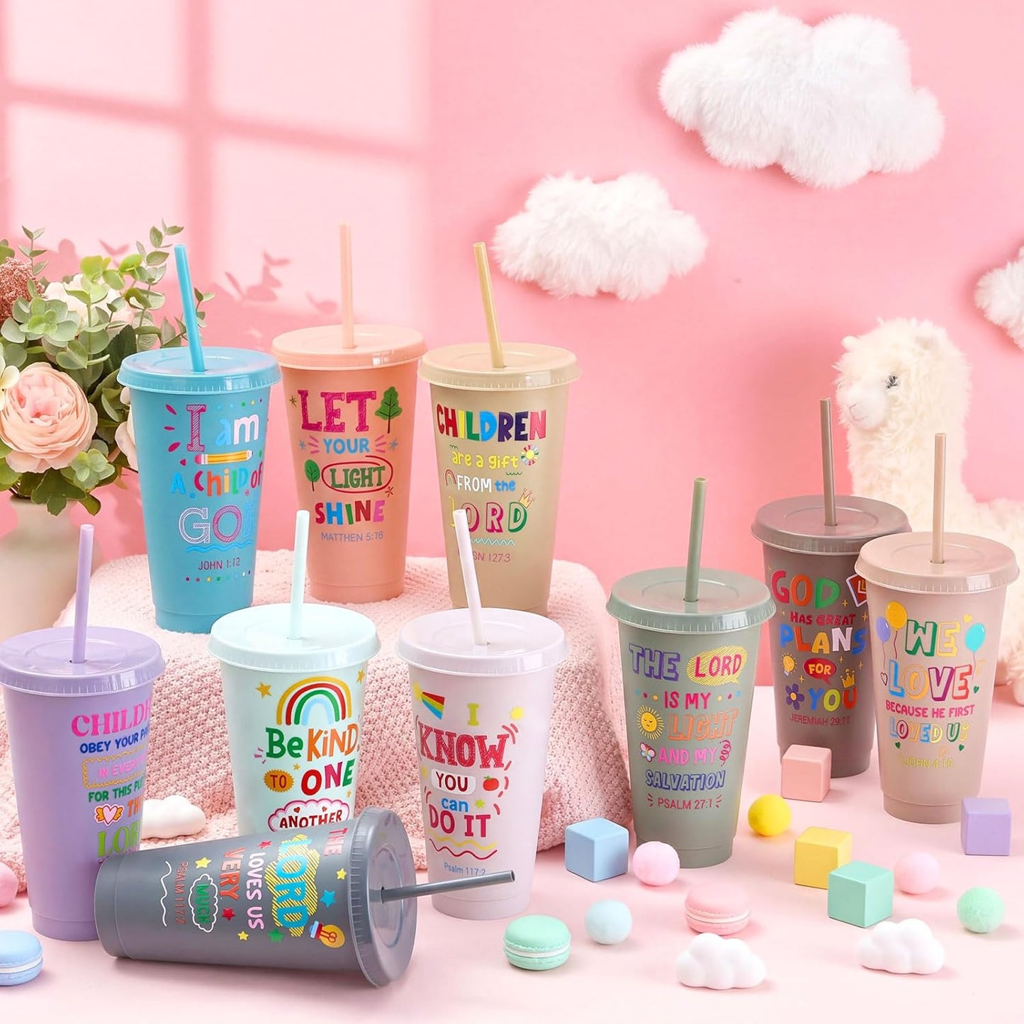 Uiifan 10 Pcs Christian Tumblers with Straws for Kids, Bible Verse Cups for VBS, Sunday School, Church Party Favors and Faith Gifts, Reusable Plastic Tumblers with Lids, 24 oz, White