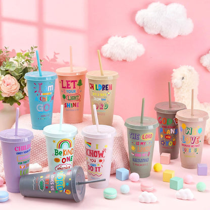 Uiifan 10 Pcs Christian Tumblers with Straws for Kids, Bible Verse Cups for VBS, Sunday School, Church Party Favors and Faith Gifts, Reusable Plastic Tumblers with Lids, 24 oz, White