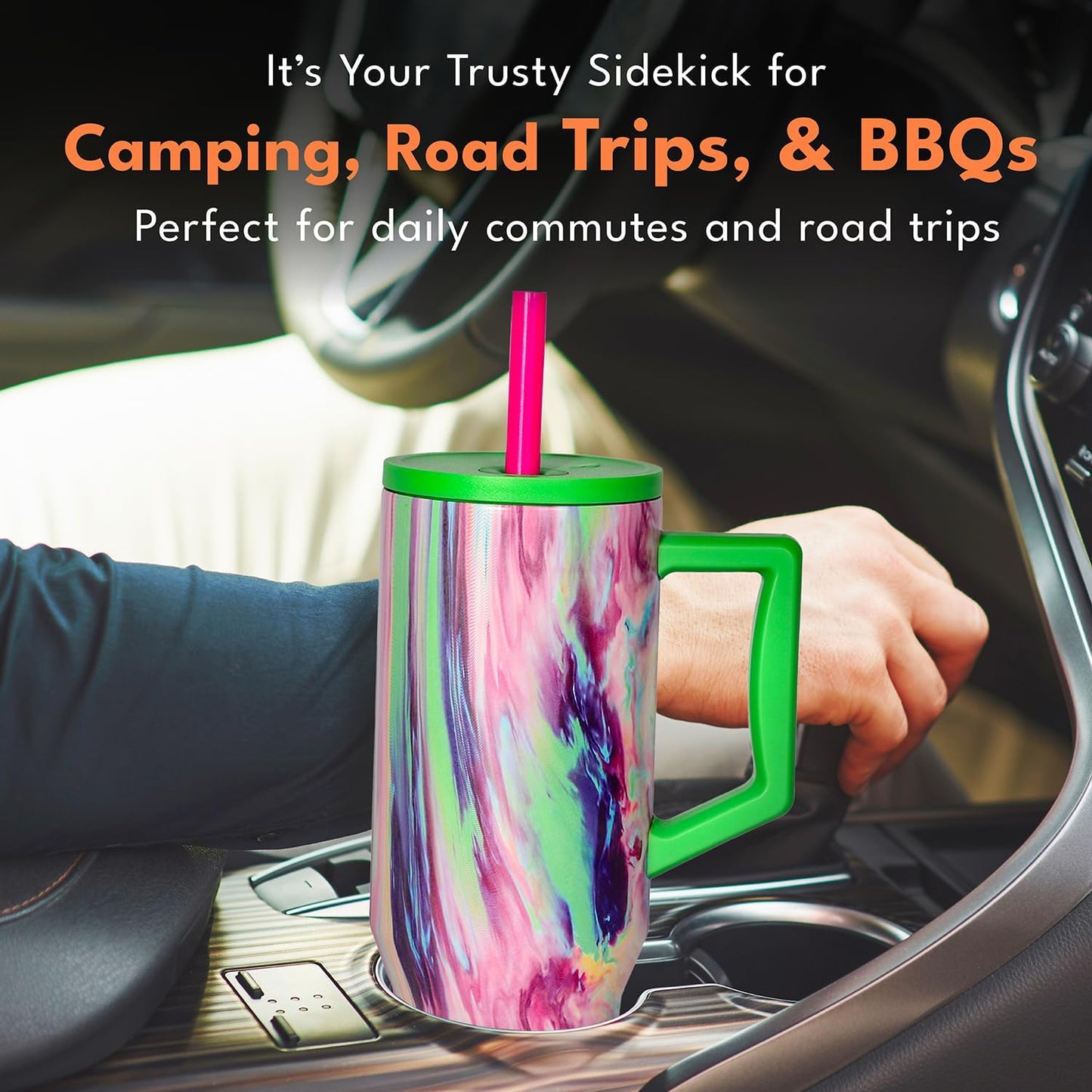 Elemental 32 oz 100% Leak Proof Tumbler with Handle & Straw - Stainless Steel Double Wall Insulated Tumbler for Hot and Cold Beverages - Travel Coffee Mug with Sip & Straw Lid - White - Colors B
