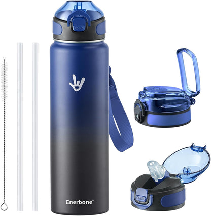 Enerbone 24 oz Insulated Water Bottle, Stainless Steel Bottle with Carrying Strap, Double-Wall Vacuum Insulation Design, Leakproof Sports Bottle with Straw, Keep Drinks Cold or Hot for Hours