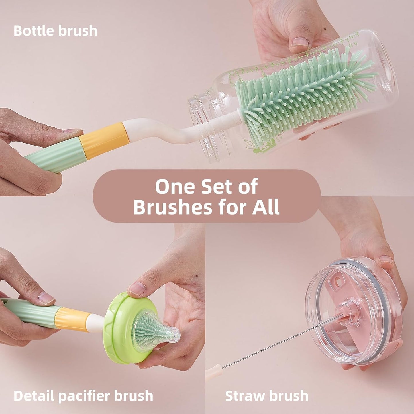 3 in 1 Baby Silicone Bottle Brush Set, Multipurpose Bottle Cleaner, Bottle Brush with Storage Holder, Food Grade Silicone, Effortless Scrubbing, Baby Bottle Cleaning Brush (Green)